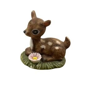 Vtg Josef Originals Fawn Baby Deer On Grass Pink Flower Figurine Made Taiwan